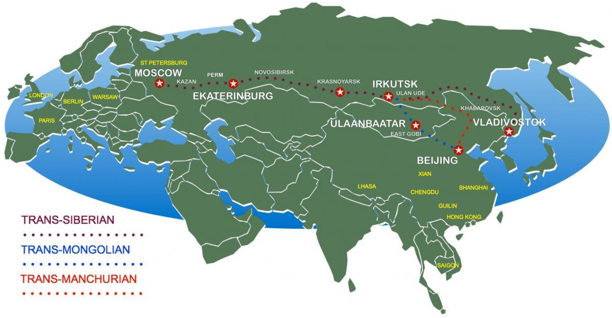χάρτης από τη Μόσχα έως το βλαδιβοστόκ διαδρομή του τρένου